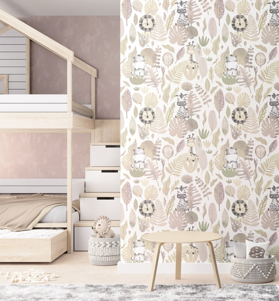 Papel Pintado Infantil Animales en la Selva 14838 Tonalidades Rosa