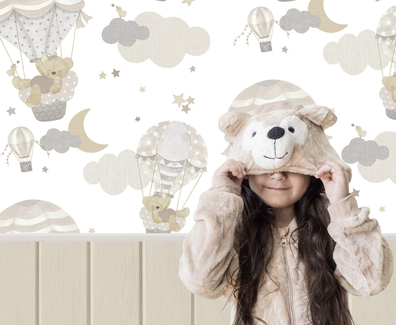 Papel pintado Infantil de Ositos y Globos Aerostáticos - Colección Happy